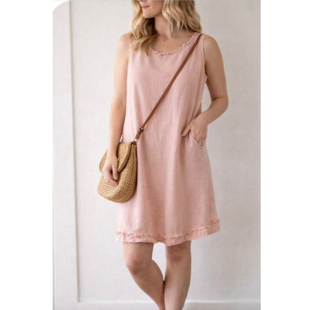 100% Linen Coastal lagenlook Sleeveless Tunic Shift Minimalist Pink Dress Small